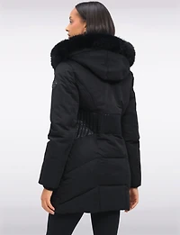Eco-Down Faux Fur Trim Hooded Puffer Vegan Leather Waist Detail by Point Zero