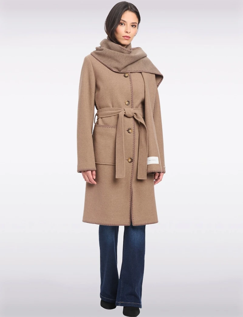 Warm Super Soft-Touch Wool-Like Melton Chic Wrap Coat with Scarf by Sanctuary
