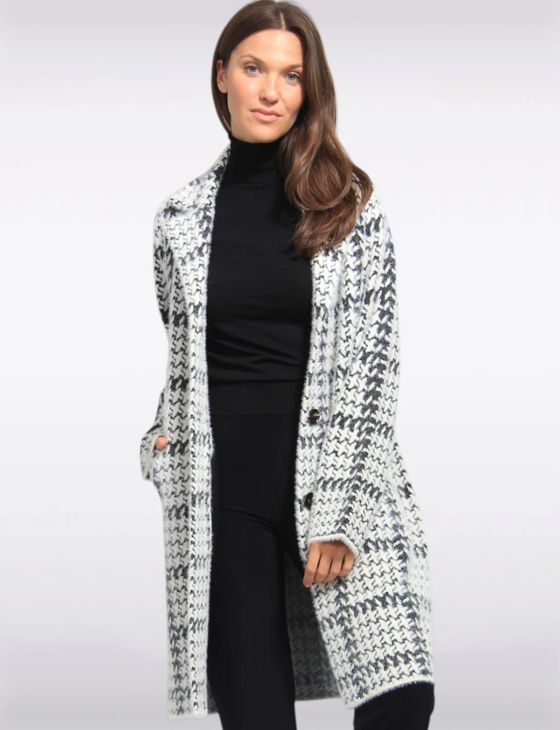 Cozy Elegant Knit Sweater Coat With Timeless Houndstooth Pattern by Vince Camuto