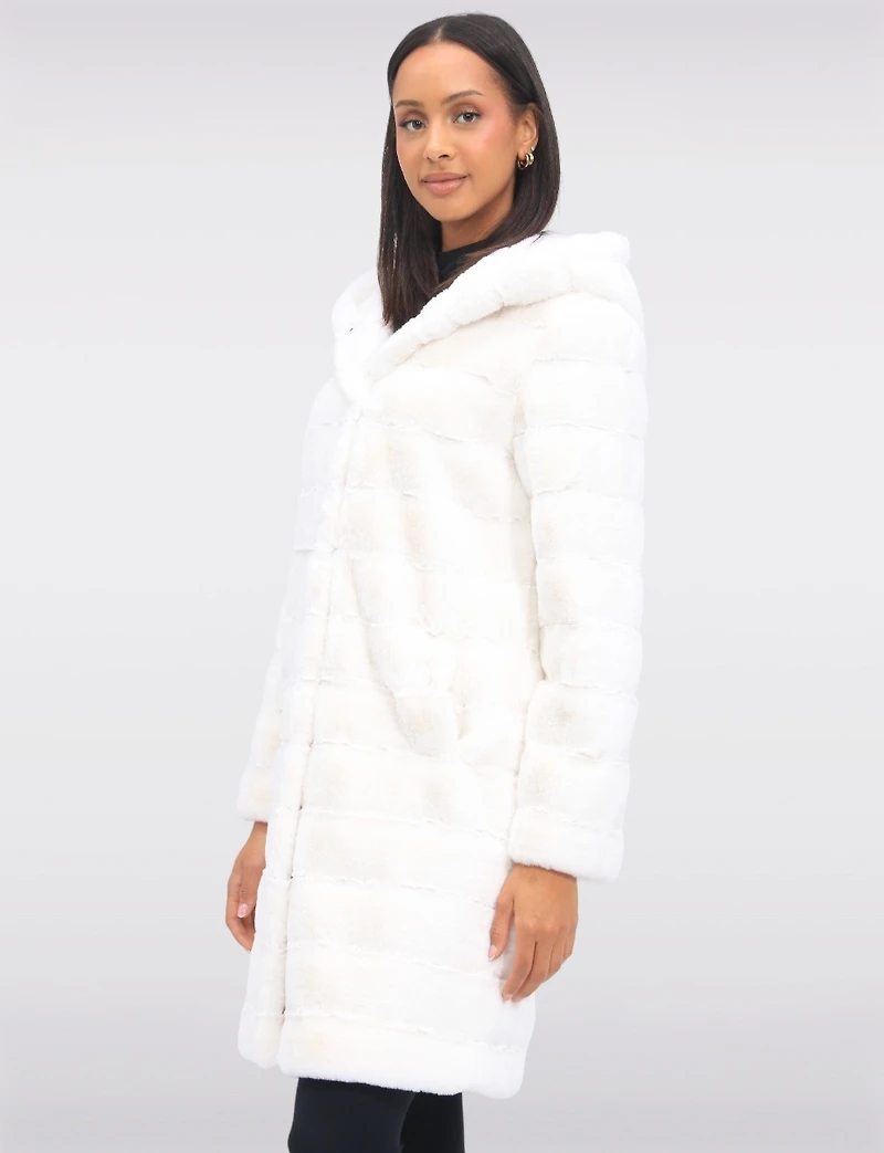Sophisticated Long Faux Fur Coat With Attached Hood & Pockets by Jones New York
