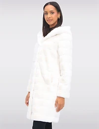 Sophisticated Long Faux Fur Coat With Attached Hood & Pockets by Jones New York