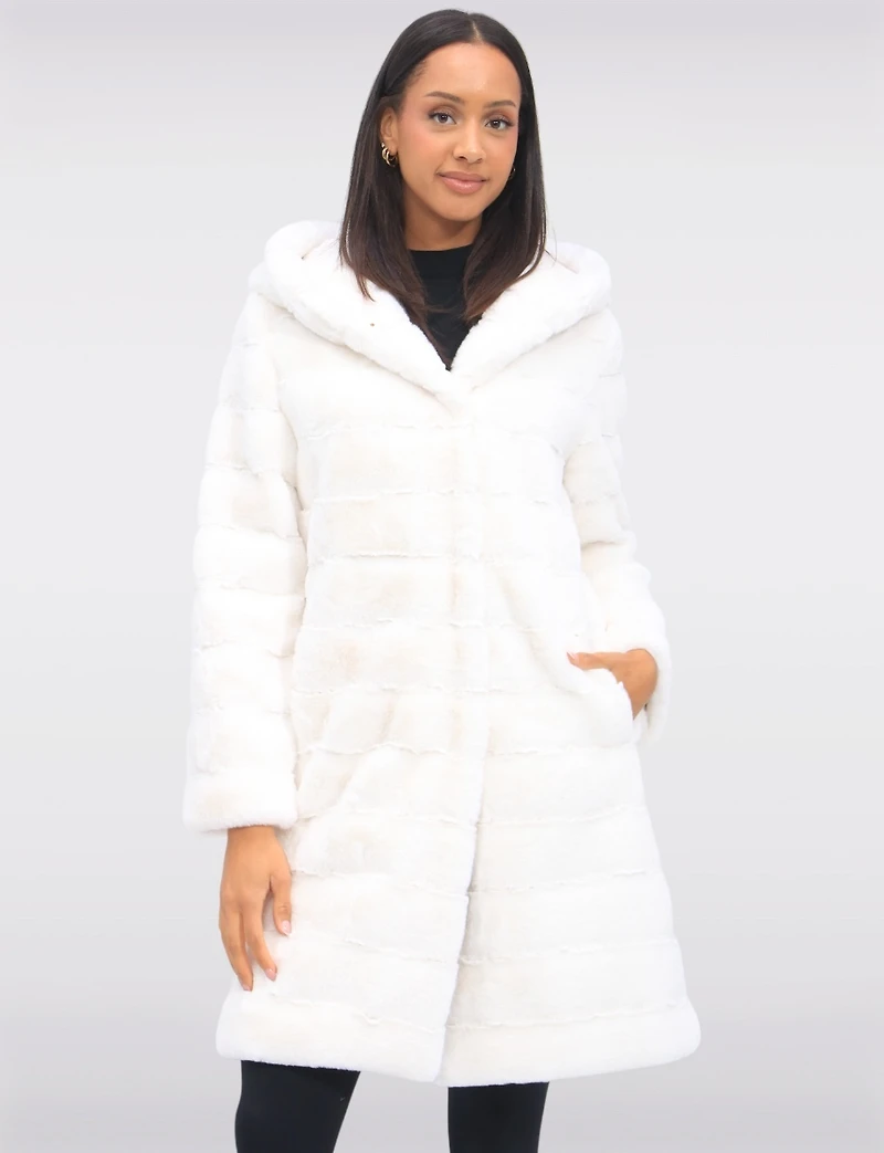 Sophisticated Long Faux Fur Coat With Attached Hood & Pockets by Jones New York