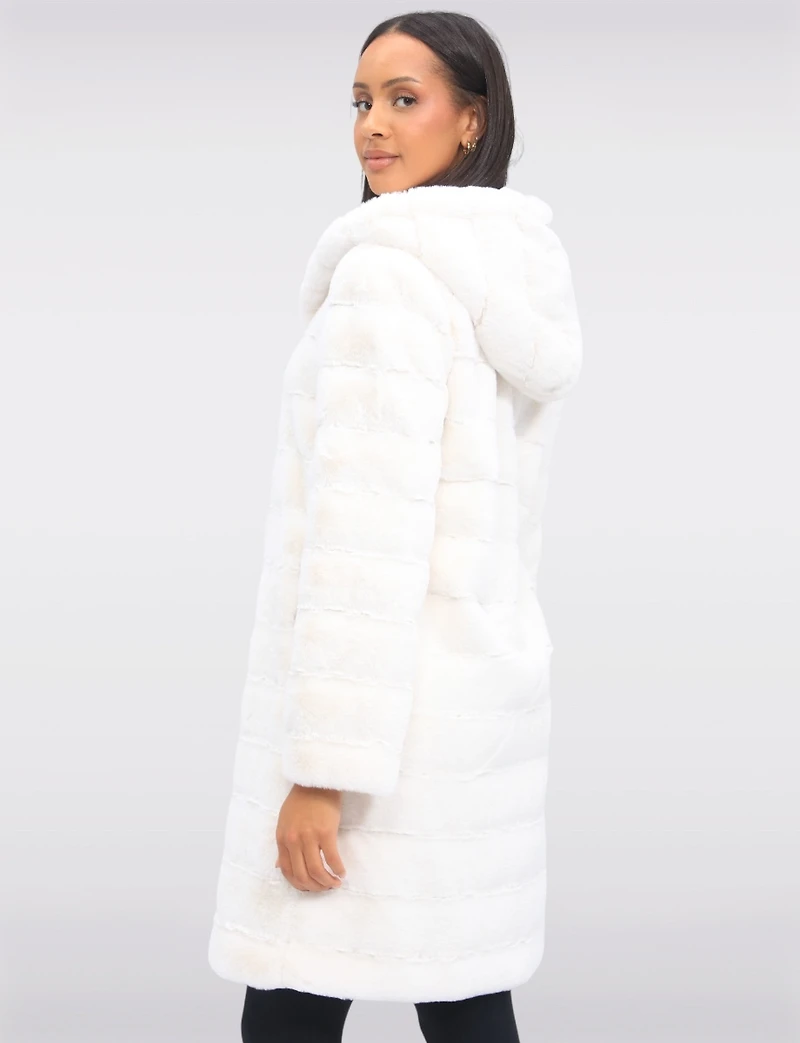 Sophisticated Long Faux Fur Coat With Attached Hood & Pockets by Jones New York