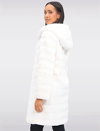 Sophisticated Long Faux Fur Coat With Attached Hood & Pockets by Jones New York