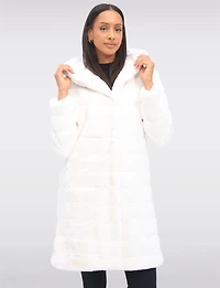 Sophisticated Long Faux Fur Coat With Attached Hood & Pockets by Jones New York