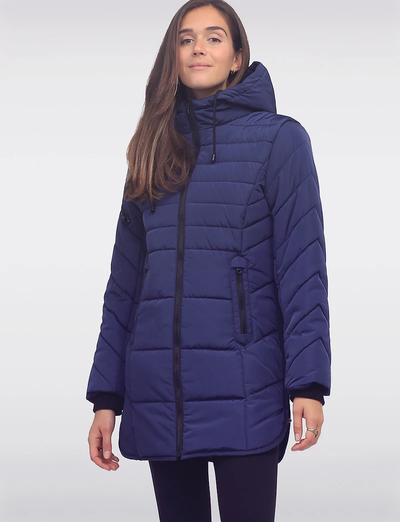 Chic Vegan Hooded Puffer Jacket with Bib Round Hem & Drawstring Sides by Snoboll