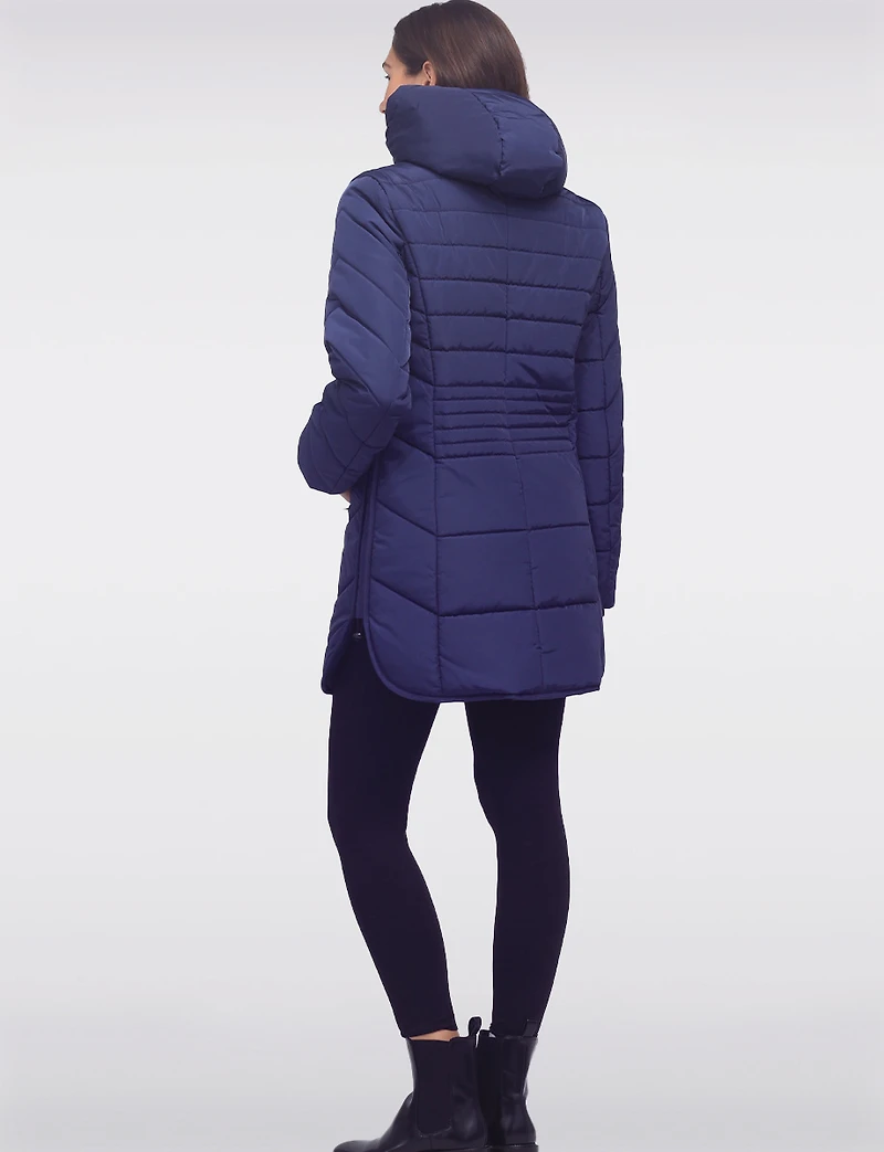 Chic Vegan Hooded Puffer Jacket with Bib Round Hem & Drawstring Sides by Snoboll