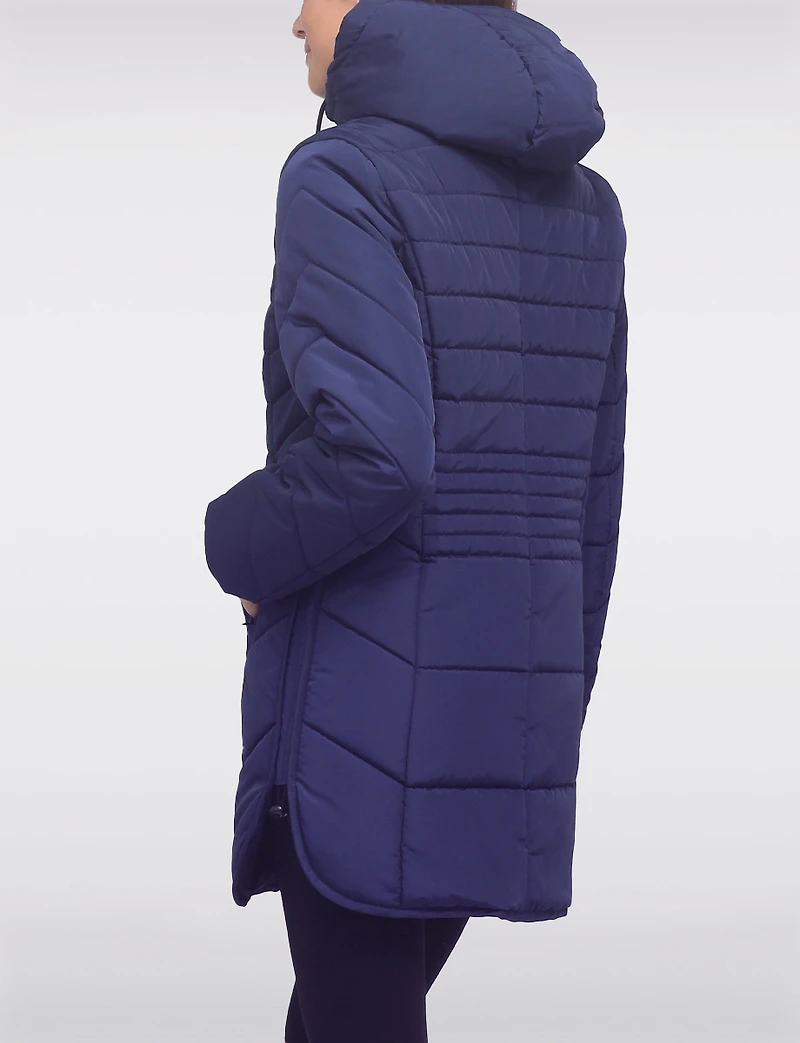 Chic Vegan Hooded Puffer Jacket with Bib Round Hem & Drawstring Sides by Snoboll