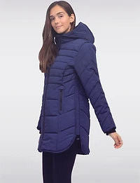 Chic Vegan Hooded Puffer Jacket with Bib Round Hem & Drawstring Sides by Snoboll