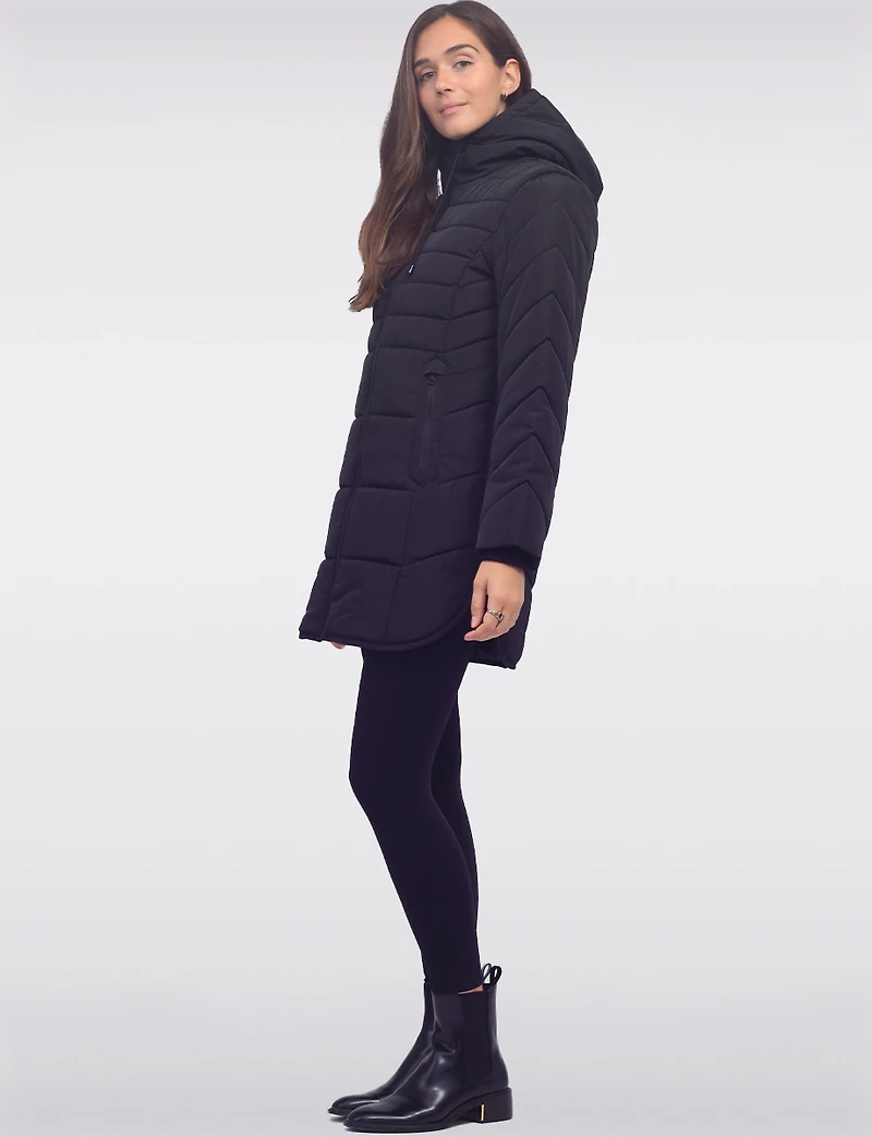 Chic Vegan Hooded Puffer Jacket with Bib Round Hem & Drawstring Sides by Snoboll