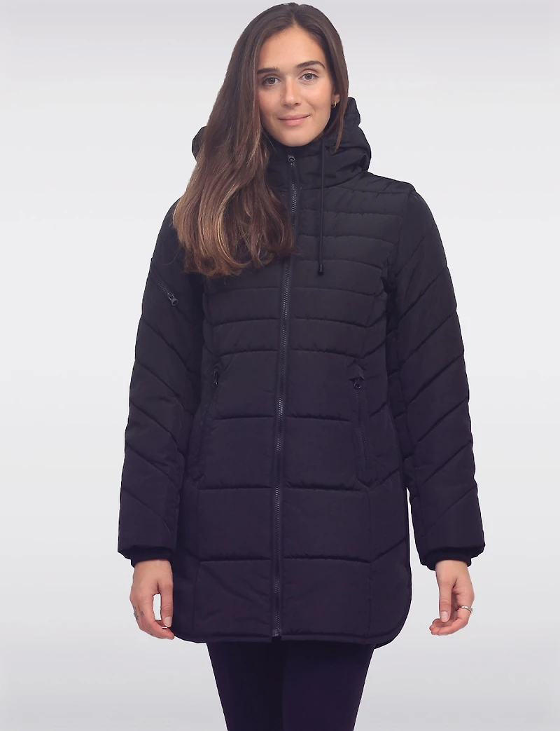 Chic Vegan Hooded Puffer Jacket with Bib Round Hem & Drawstring Sides by Snoboll