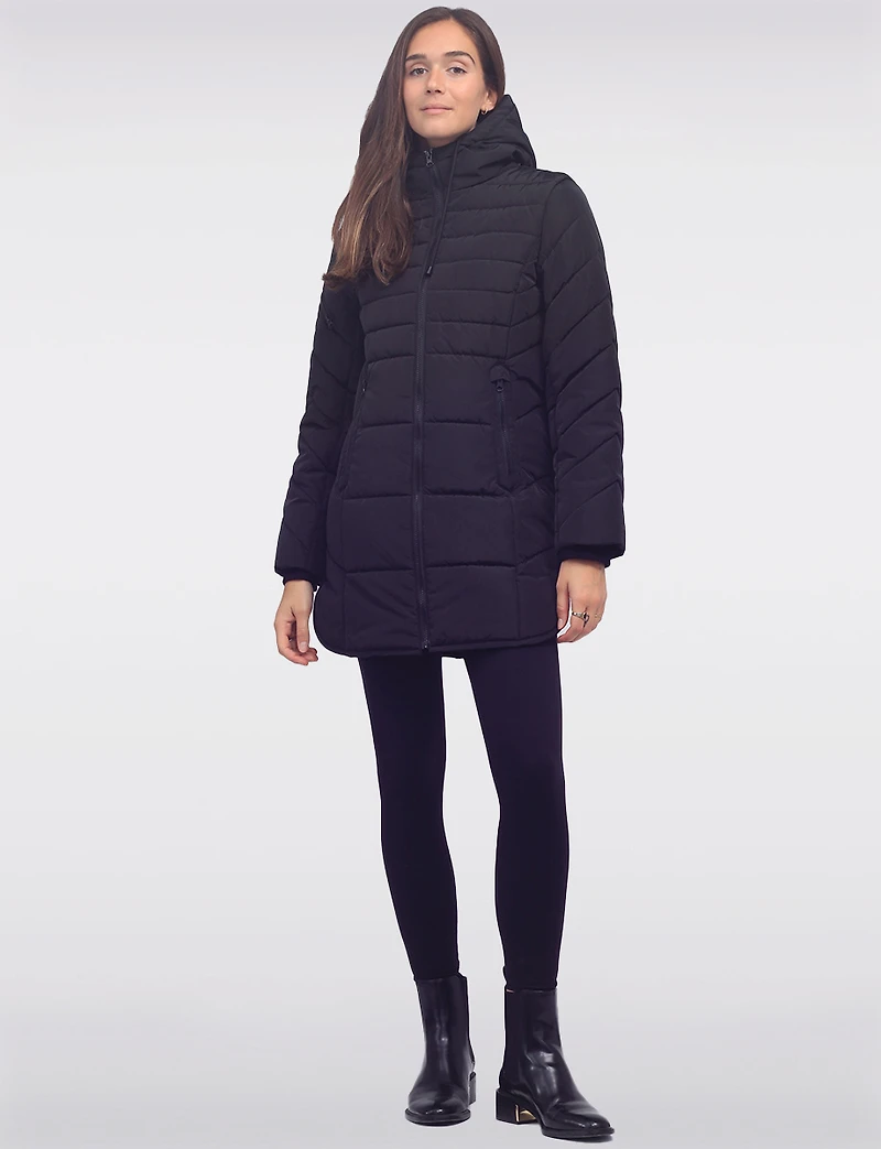 Chic Vegan Hooded Puffer Jacket with Bib Round Hem & Drawstring Sides by Snoboll