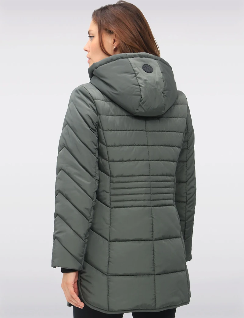 Chic Vegan Hooded Puffer Jacket with Bib Round Hem & Drawstring Sides by Snoboll