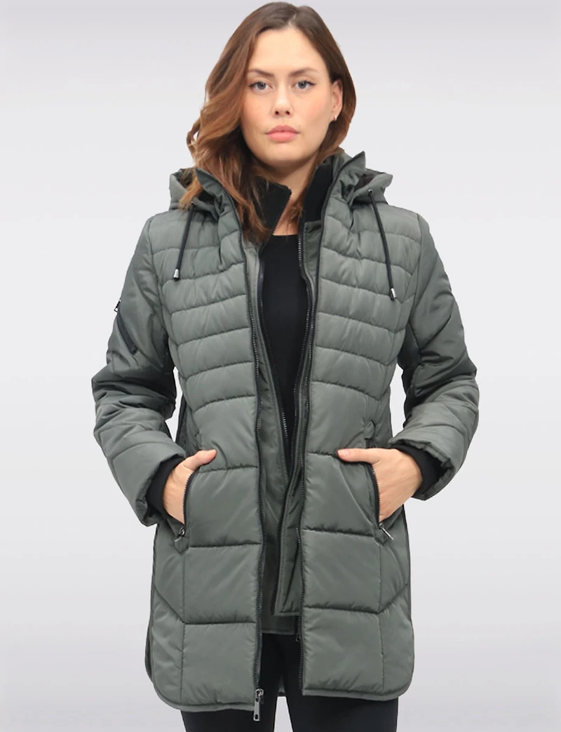 Chic Vegan Hooded Puffer Jacket with Bib Round Hem & Drawstring Sides by Snoboll