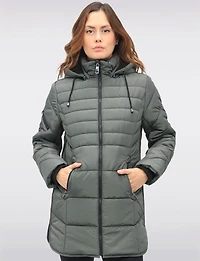 Chic Vegan Hooded Puffer Jacket with Bib Round Hem & Drawstring Sides by Snoboll