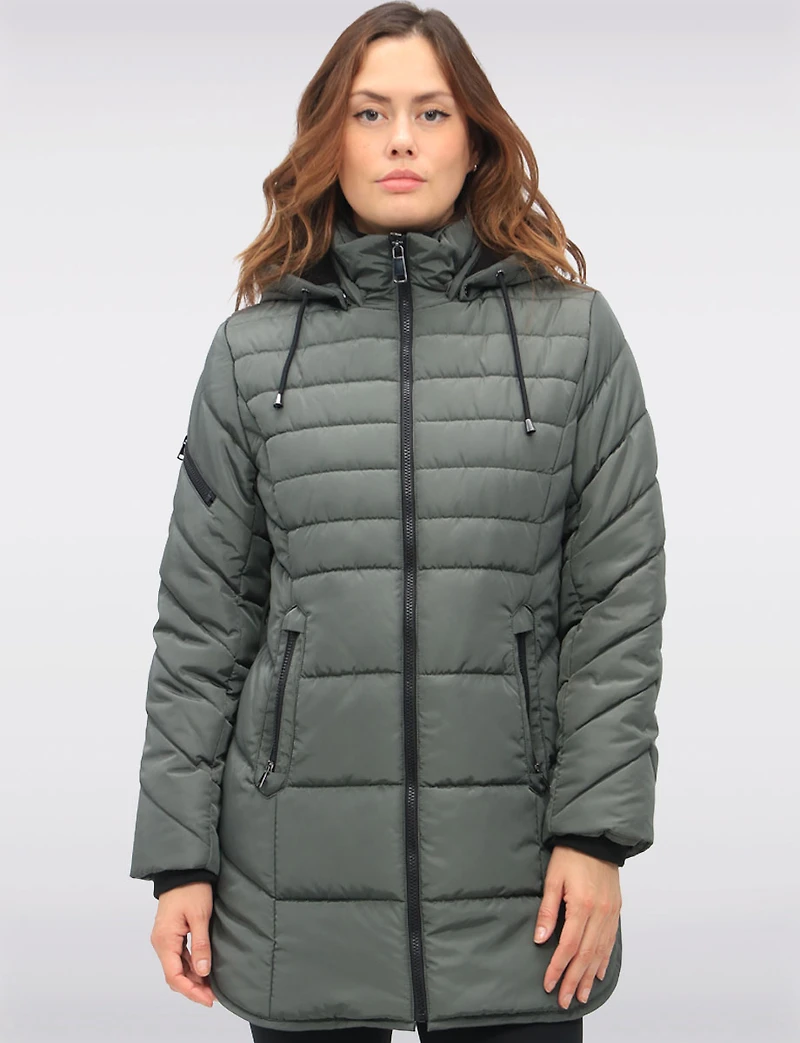 Chic Vegan Hooded Puffer Jacket with Bib Round Hem & Drawstring Sides by Snoboll