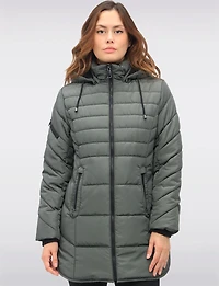 Chic Vegan Hooded Puffer Jacket with Bib Round Hem & Drawstring Sides by Snoboll