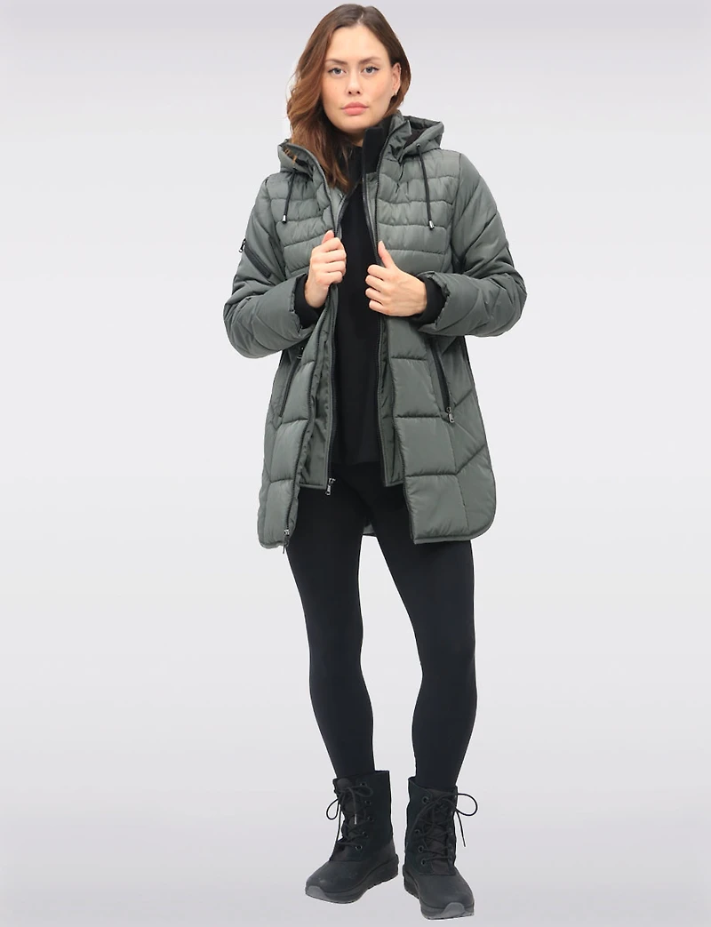 Chic Vegan Hooded Puffer Jacket with Bib Round Hem & Drawstring Sides by Snoboll