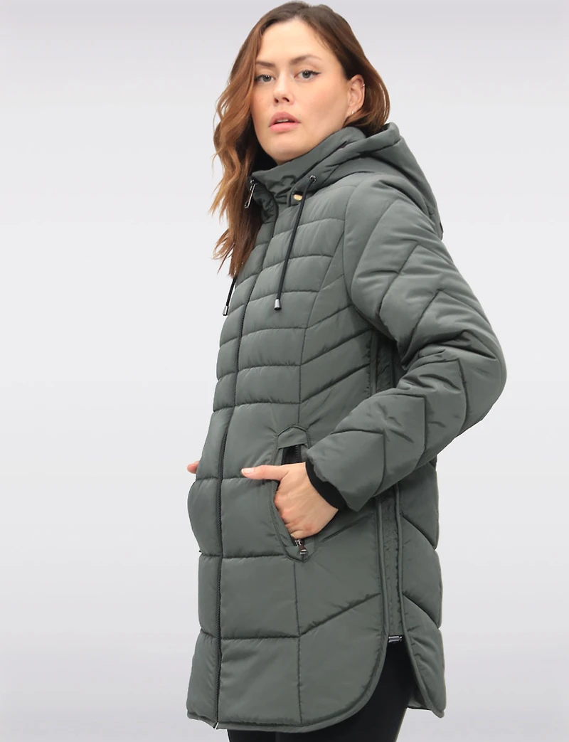 Chic Vegan Hooded Puffer Jacket with Bib Round Hem & Drawstring Sides by Snoboll