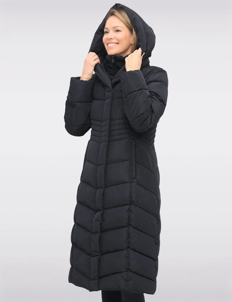 Vegan Long Chevron Polyloft® Coat with Attached Hood and Inner Bib by Snoboll