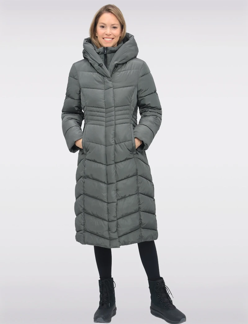 Vegan Long Chevron Polyloft® Coat with Attached Hood and Inner Bib by Snoboll