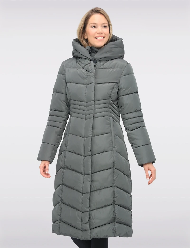 Vegan Long Chevron Polyloft® Coat with Attached Hood and Inner Bib by Snoboll