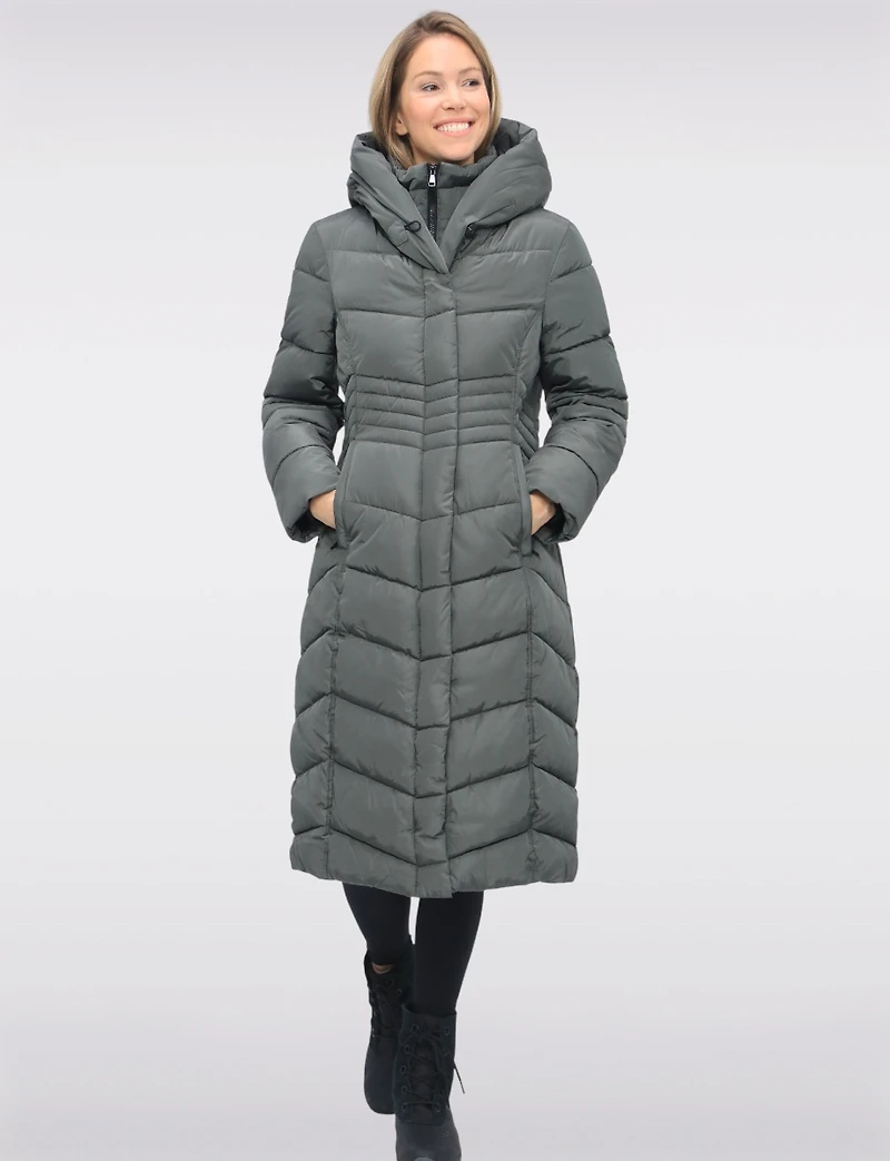 Vegan Long Chevron Polyloft® Coat with Attached Hood and Inner Bib by Snoboll