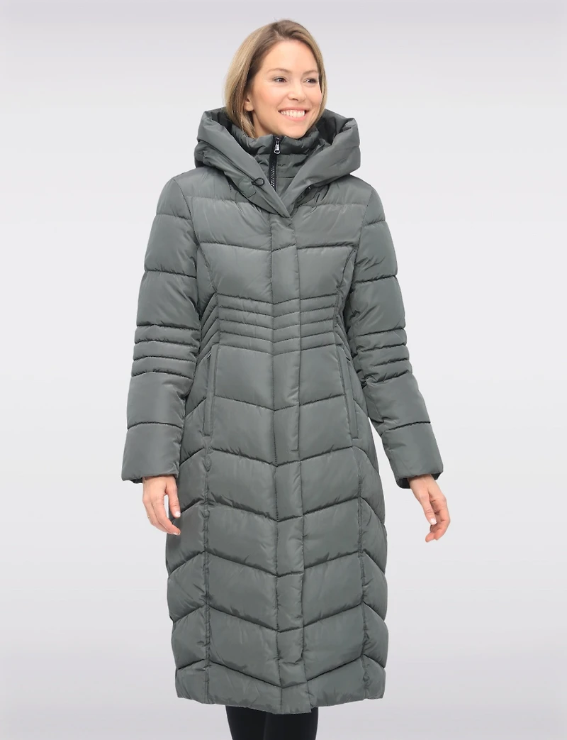 Vegan Long Chevron Polyloft® Coat with Attached Hood and Inner Bib by Snoboll