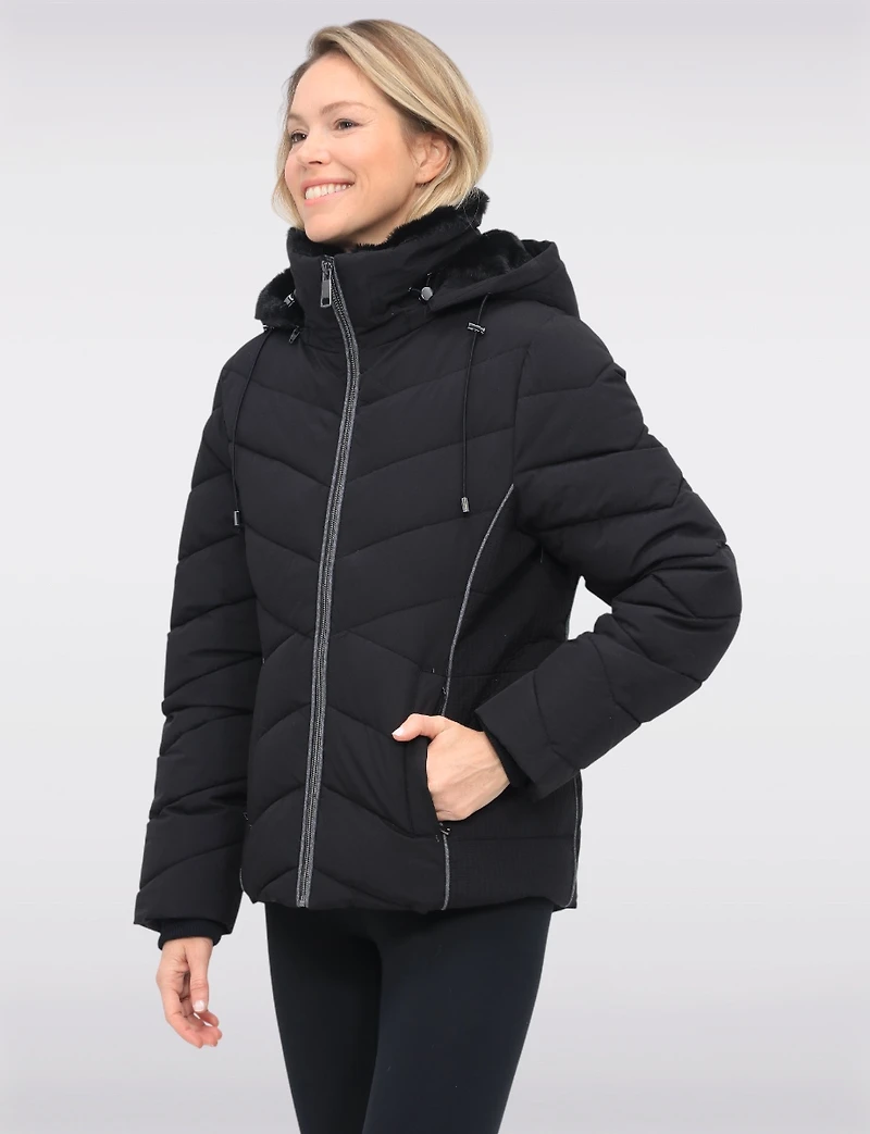 Cropped Vegan Polyloft® Puffer Jacket & Faux Fur Lined Removable Hood by Snoboll