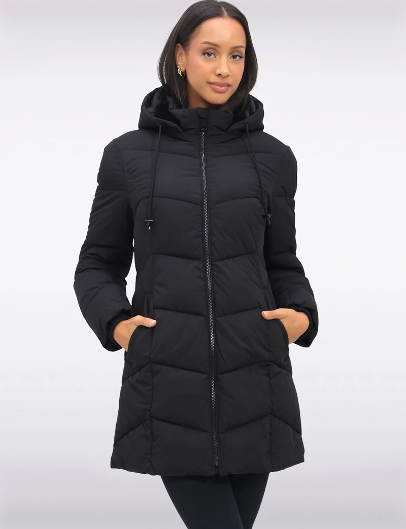 Vegan Insulated Chevron Quilted Jacket Detachable Faux Fur Lined Hood by Snoboll