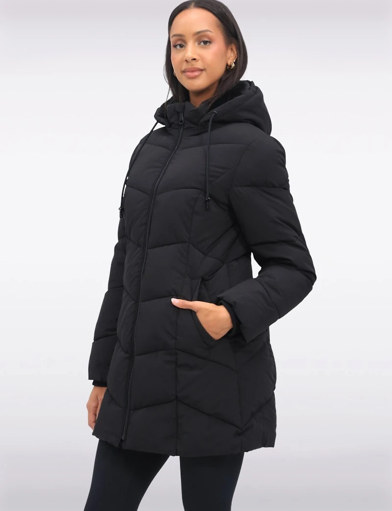 Vegan Insulated Chevron Quilted Jacket Detachable Faux Fur Lined Hood by Snoboll