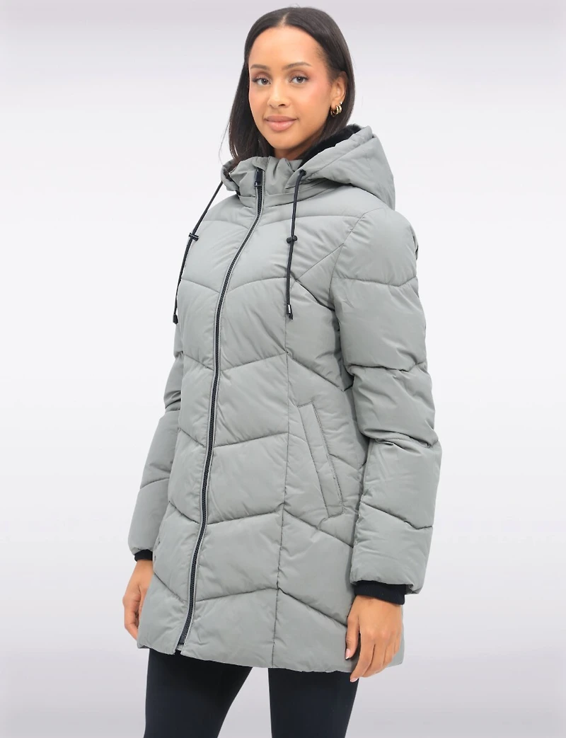 Vegan Insulated Chevron Quilted Jacket Detachable Faux Fur Lined Hood by Snoboll