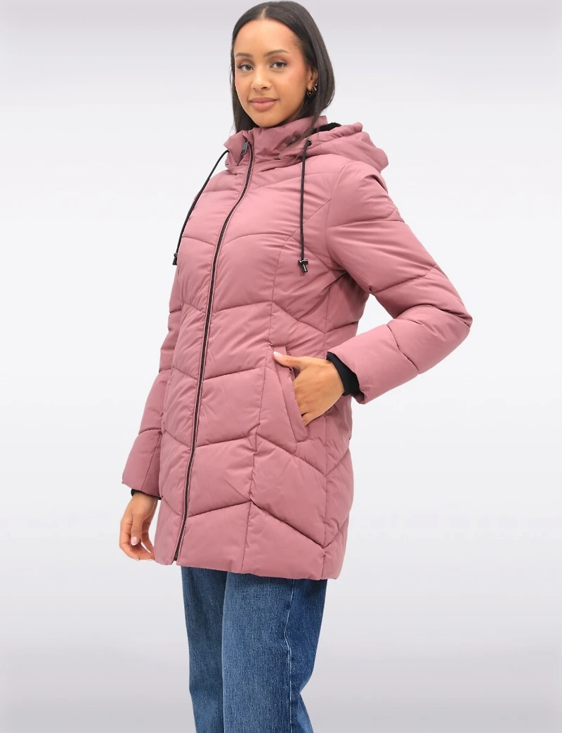 Vegan Insulated Chevron Quilted Jacket Detachable Faux Fur Lined Hood by Snoboll