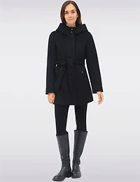Chic Vegan Melton-Look Hooded Belted Coat with Zip Front Closure by Point Zero