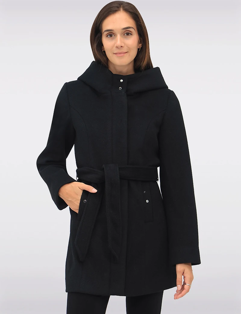 Chic Vegan Melton-Look Hooded Belted Coat with Zip Front Closure by Point Zero