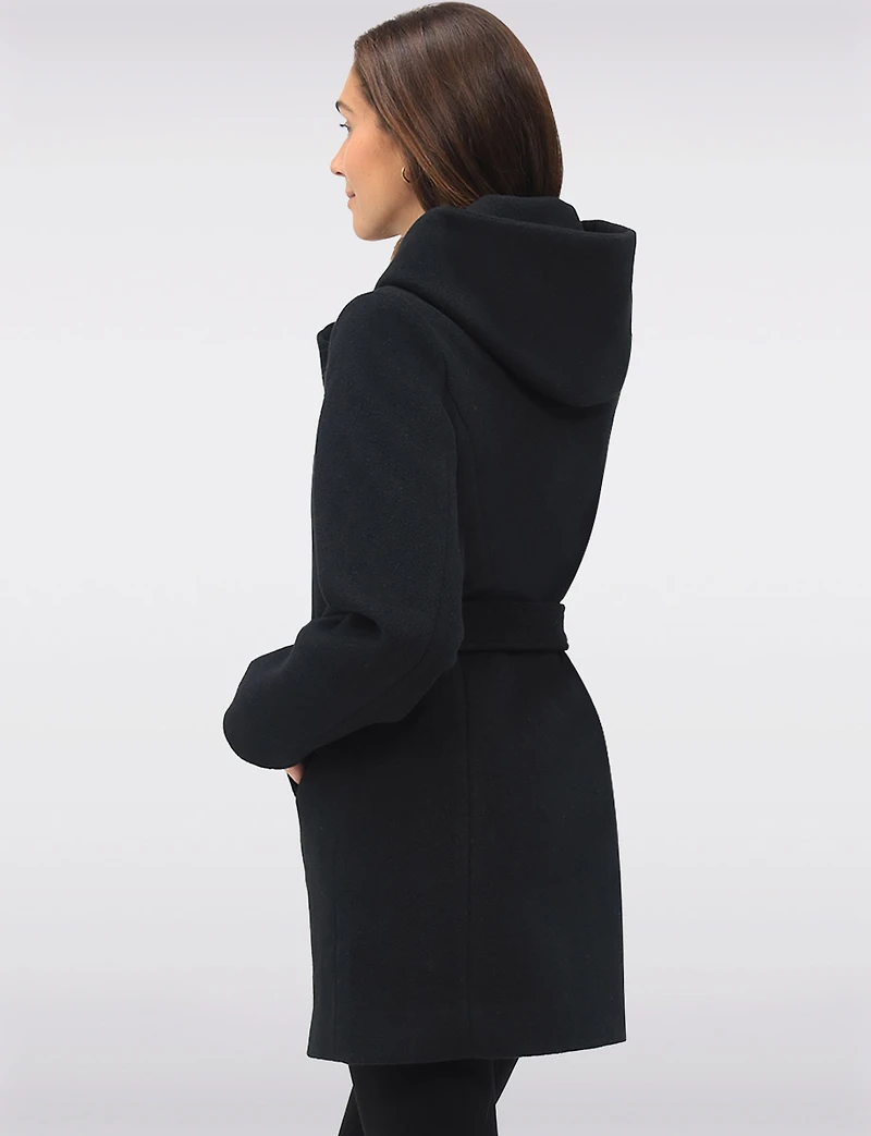 Chic Vegan Melton-Look Hooded Belted Coat with Zip Front Closure by Point Zero