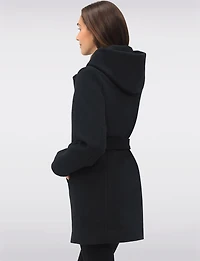 Chic Vegan Melton-Look Hooded Belted Coat with Zip Front Closure by Point Zero