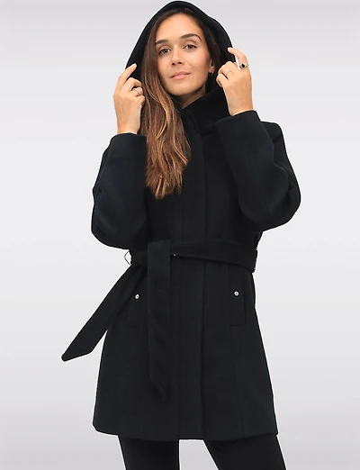 Chic Vegan Melton-Look Hooded Belted Coat with Zip Front Closure by Point Zero