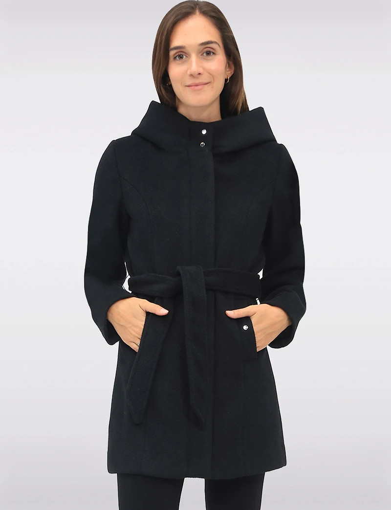 Chic Vegan Melton-Look Hooded Belted Coat with Zip Front Closure by Point Zero