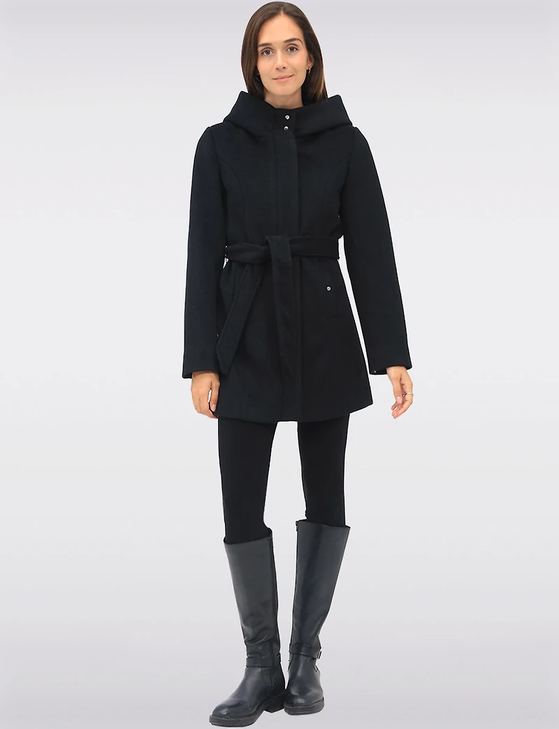 Chic Vegan Melton-Look Hooded Belted Coat with Zip Front Closure by Point Zero