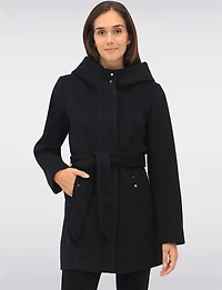 Chic Vegan Melton-Look Hooded Belted Coat with Zip Front Closure by Point Zero