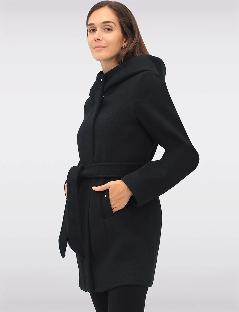 Chic Vegan Melton-Look Hooded Belted Coat with Zip Front Closure by Point Zero