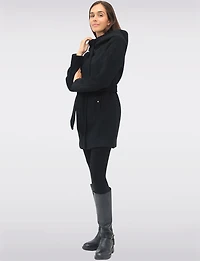 Chic Vegan Melton-Look Hooded Belted Coat with Zip Front Closure by Point Zero