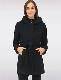 Chic Vegan Melton-Look Hooded Belted Coat with Zip Front Closure by Point Zero