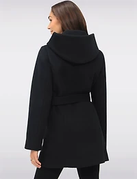 Chic Vegan Melton-Look Hooded Belted Coat with Zip Front Closure by Point Zero