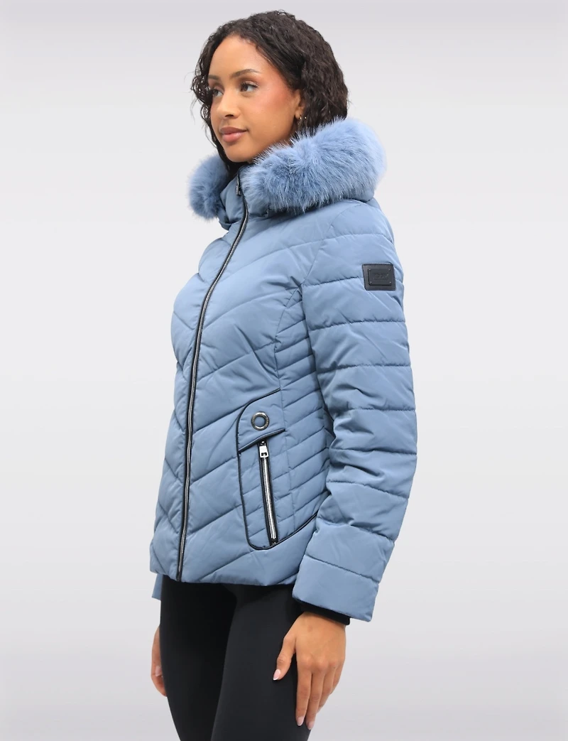 Vegan Cropped Eco-Down Puffer Jacket with Faux Fur Trim Detachable Hood by Loop