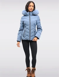 Vegan Cropped Eco-Down Puffer Jacket with Faux Fur Trim Detachable Hood by Loop