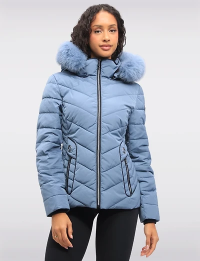 Vegan Cropped Eco-Down Puffer Jacket with Faux Fur Trim Detachable Hood by Loop