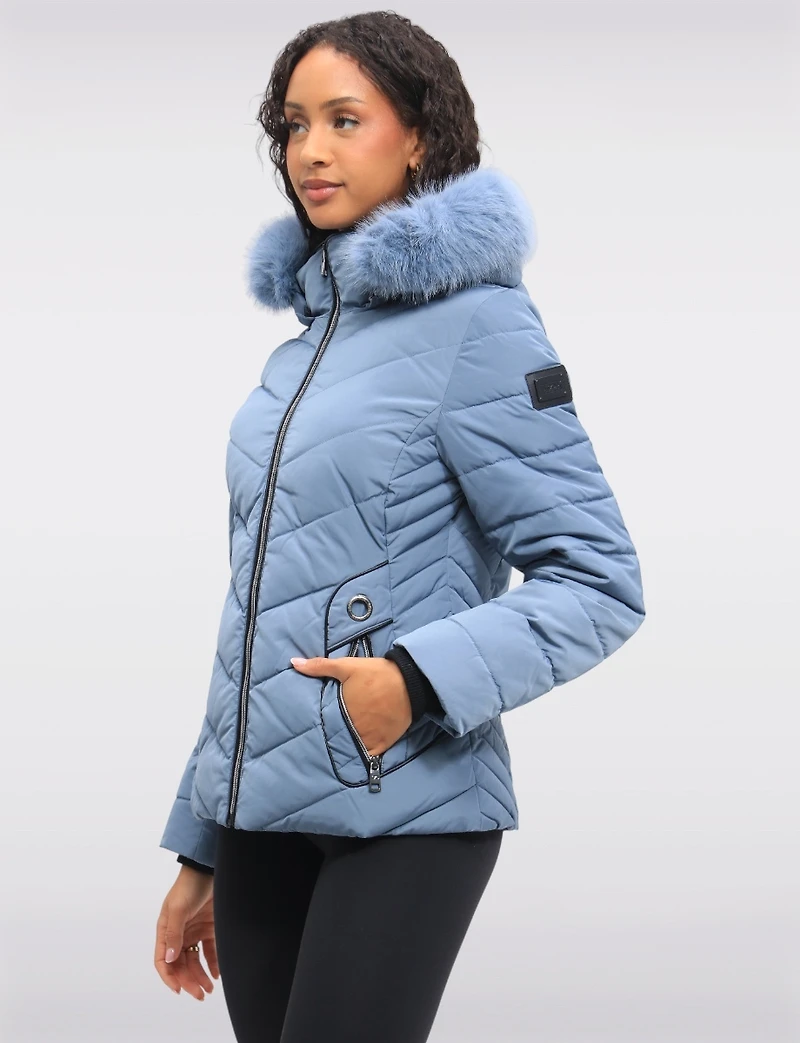 Vegan Cropped Eco-Down Puffer Jacket with Faux Fur Trim Detachable Hood by Loop