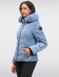 Vegan Cropped Eco-Down Puffer Jacket with Faux Fur Trim Detachable Hood by Loop